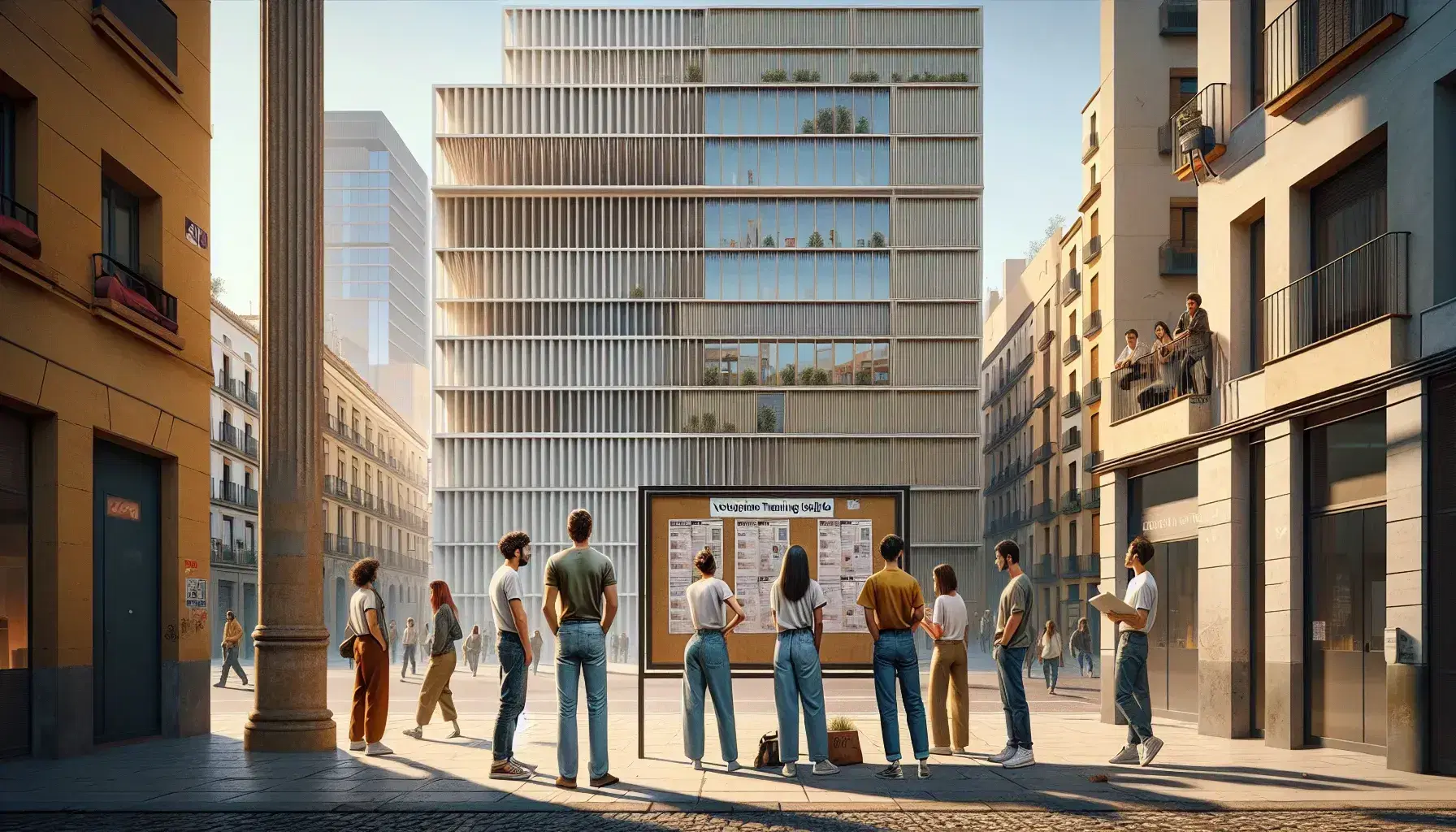 Diverse young adults gather around a blank bulletin board outside a modern vocational training institute in a lively Spanish cityscape.