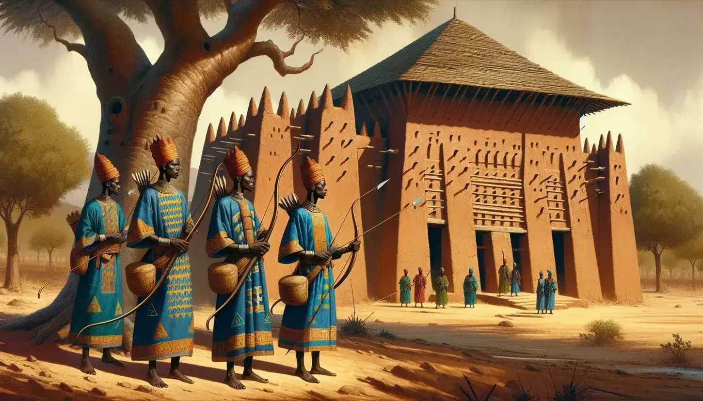 Malian warriors in blue and gold tunics with bows stand before a mud-brick structure, near a baobab tree, with a camel caravan in the distance.