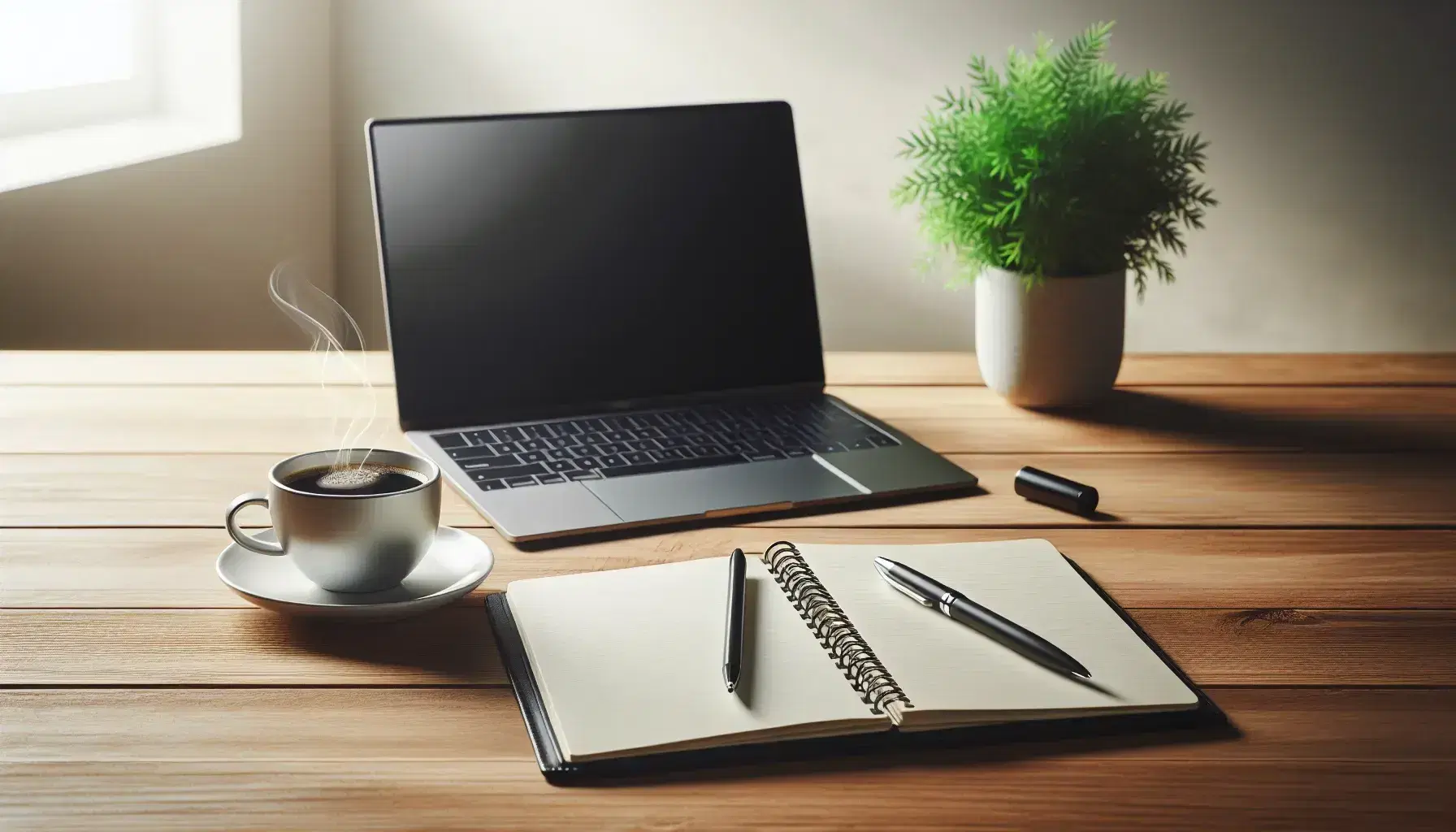 Wooden desk with turned off silver laptop, cup of steaming coffee, green plant and open notebook with black pen.