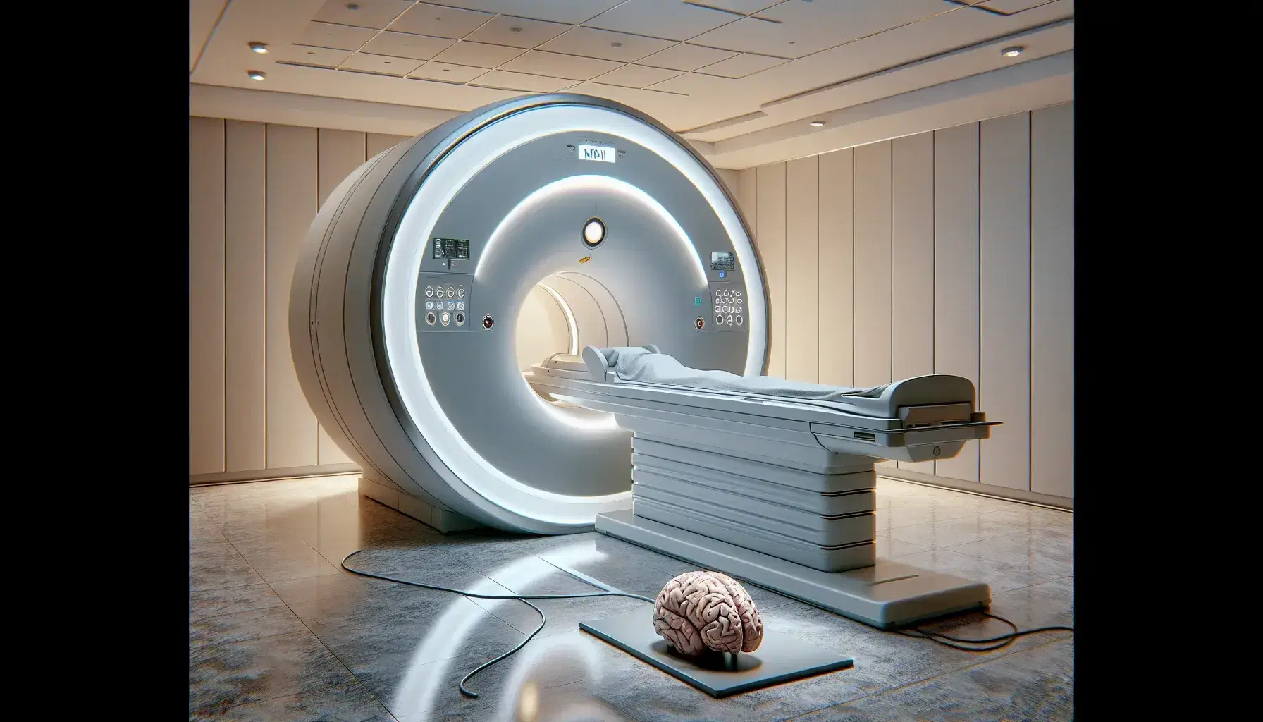 Modern MRI machine in clinical environment with detailed human brain model, soft lighting and professional design.