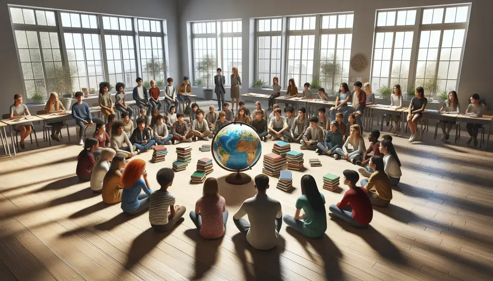 Students of different ages and backgrounds engaged in a collaborative learning activity around a globe in a bright classroom.