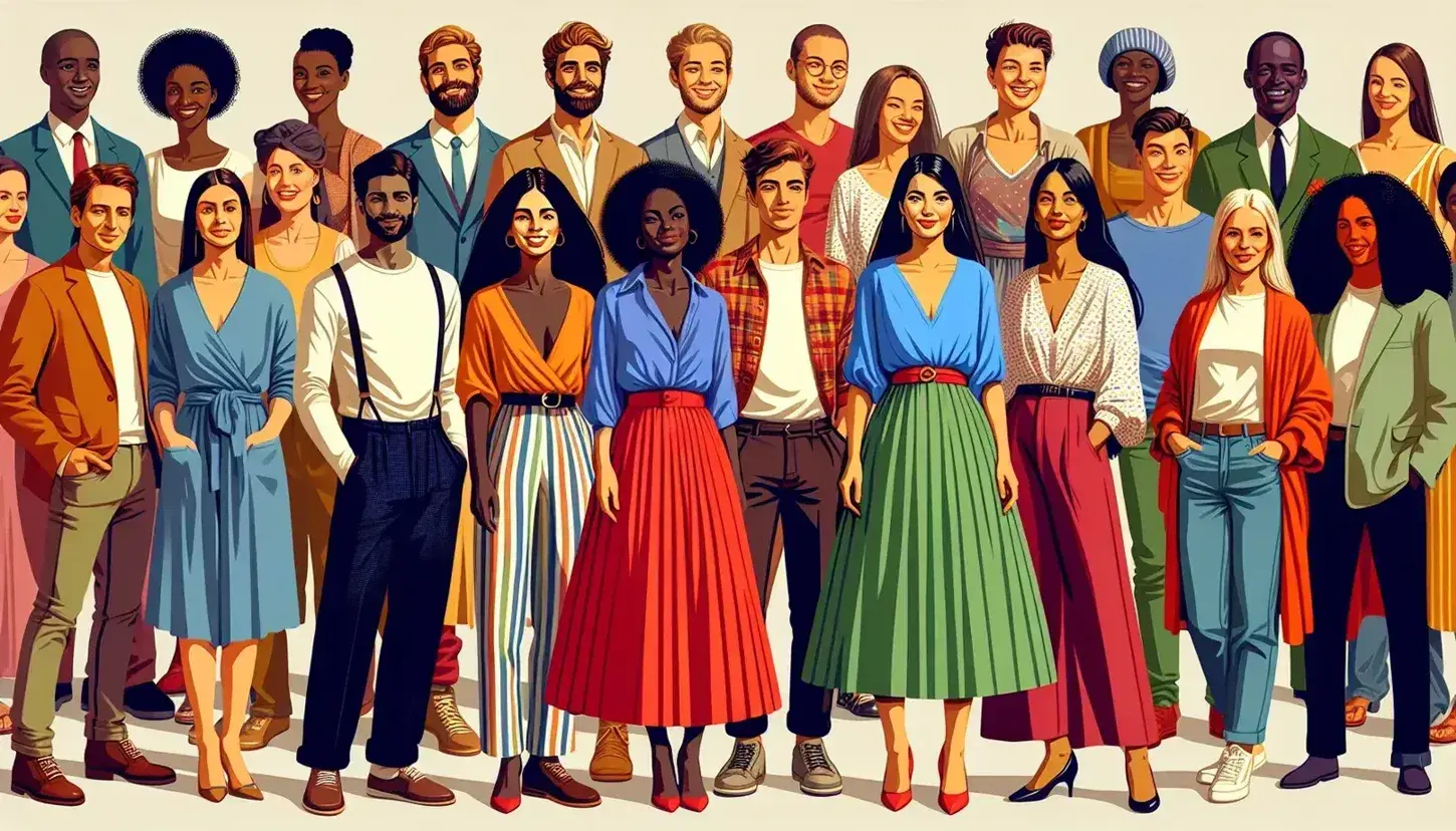 Grupo diverso de personas sonriendo en semicírculo con ropa colorida, destacando mujer en centro con blusa vibrante y falda larga.