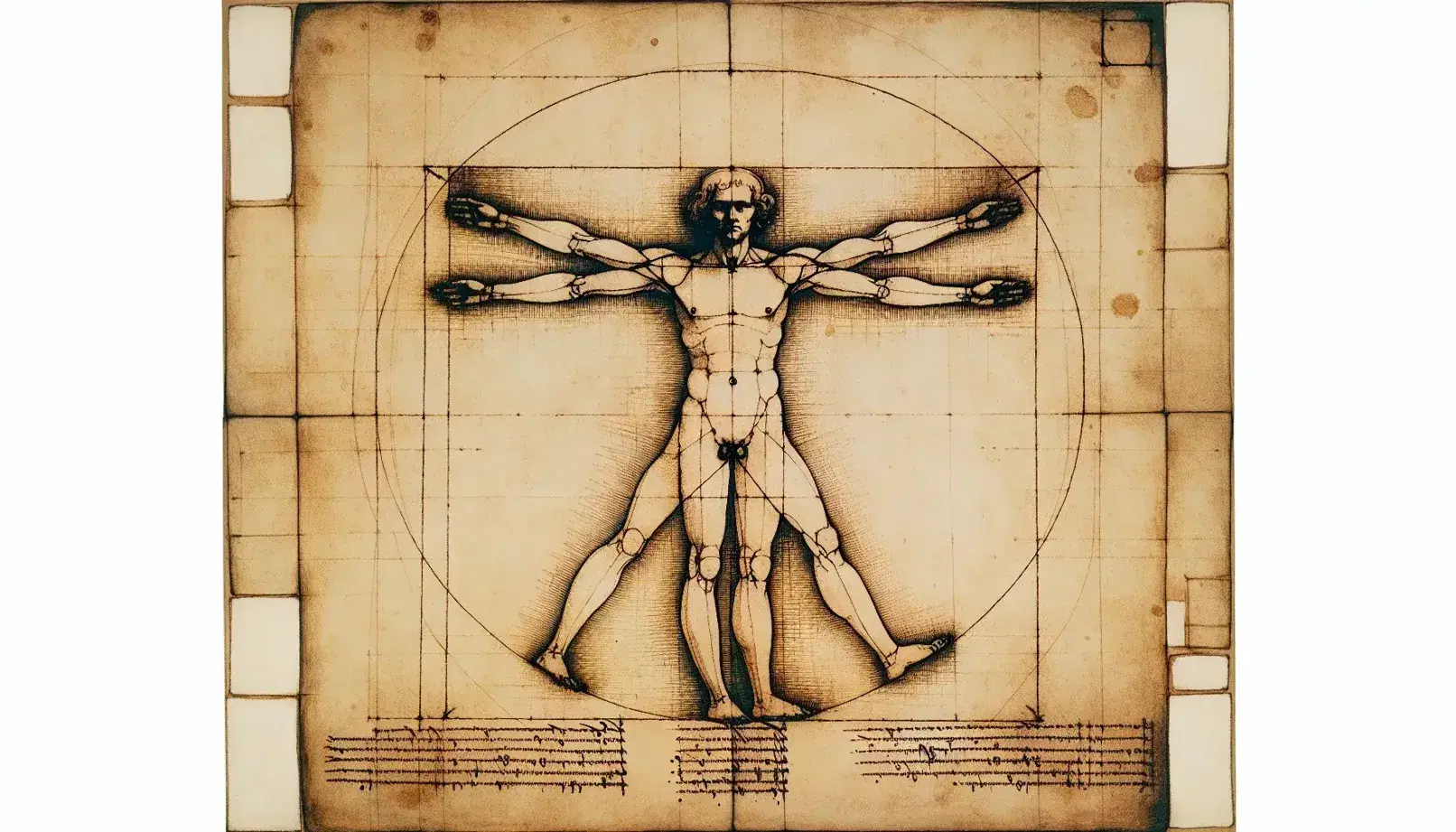 Uomo Vitruviano di Leonardo da Vinci, disegno dettagliato su carta anticata che mostra figure sovrapposte in cerchio e quadrato con centro sull'ombelico.