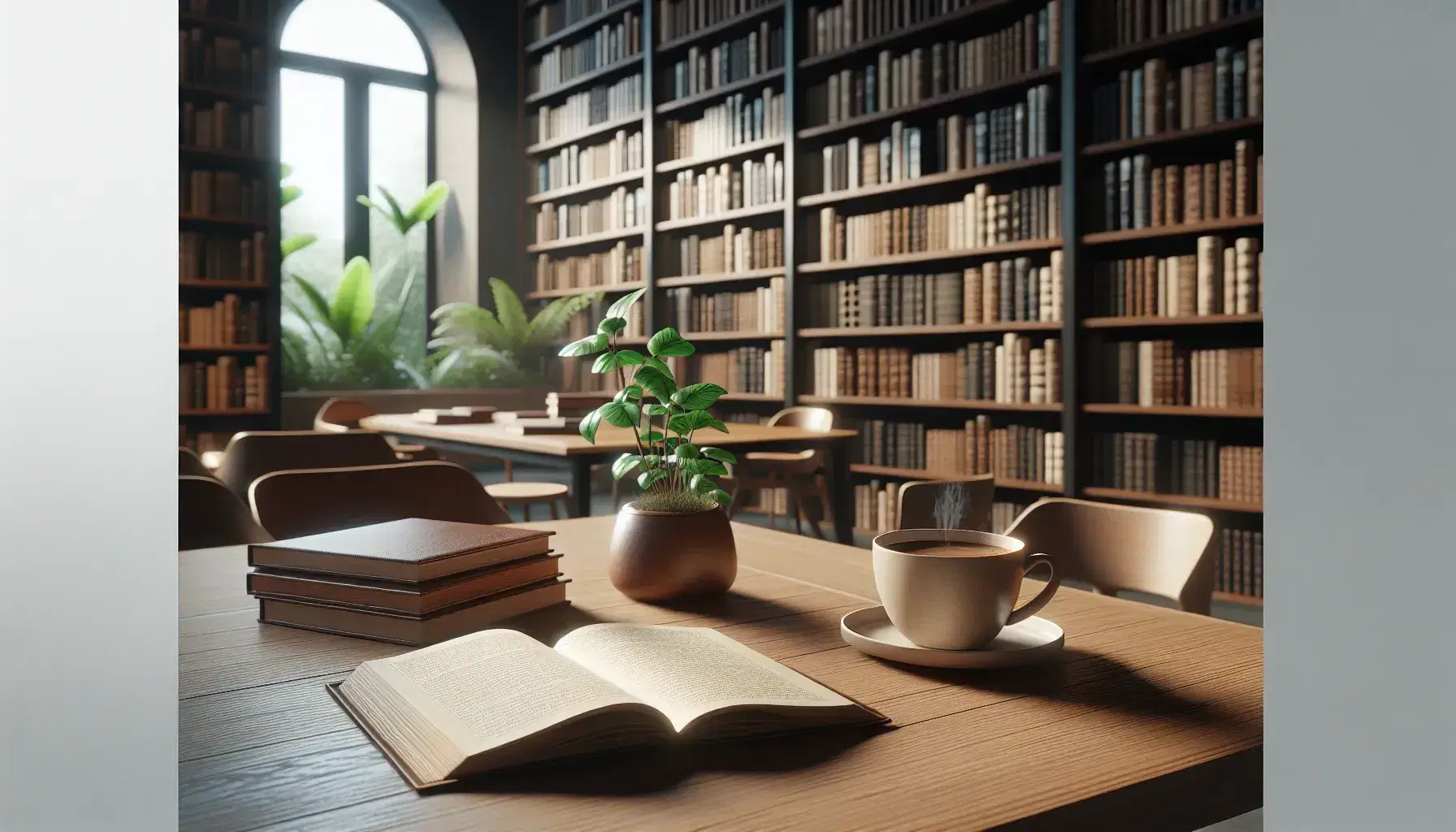 Biblioteca acogedora con estantes de madera llenos de libros, mesa con libro abierto, taza de café humeante y planta verde, luz natural entrando por ventana.