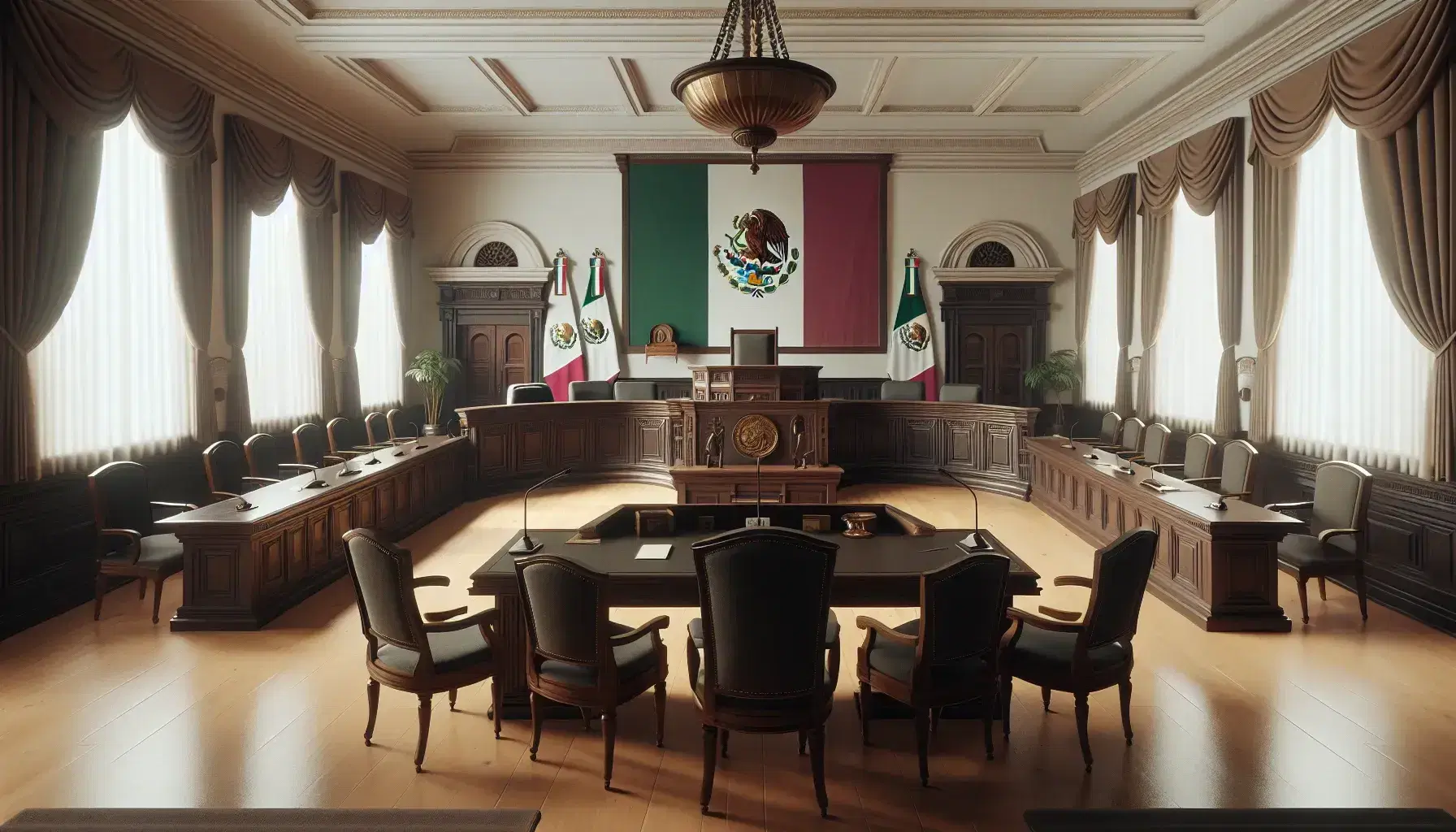 Sala de tribunal con mesa en forma de 'U', silla elevada para el juez, mesas laterales para abogados, bandera de México y decoración sobria.