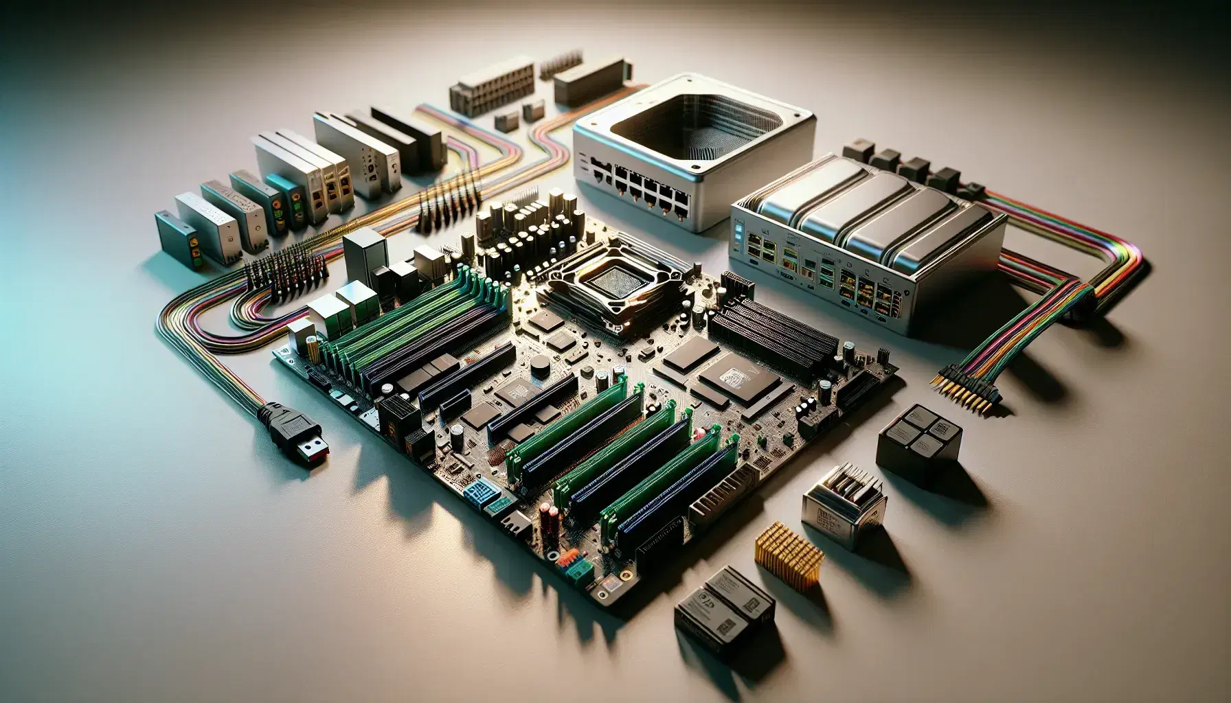 Componenti hardware computer su superficie neutra con motherboard, processore, dissipatore, RAM, hard disk e router con cavi colorati.