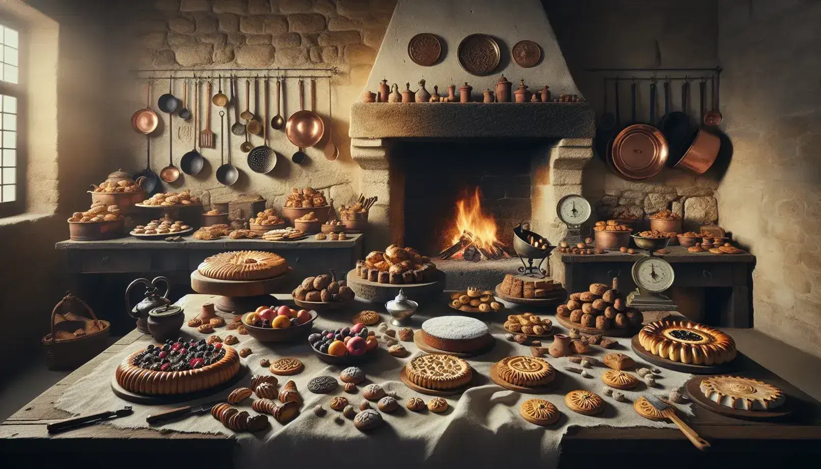 Cucina antica con tavolo in legno, dolci assortiti, utensili vintage, fuoco nel camino e cane curioso.