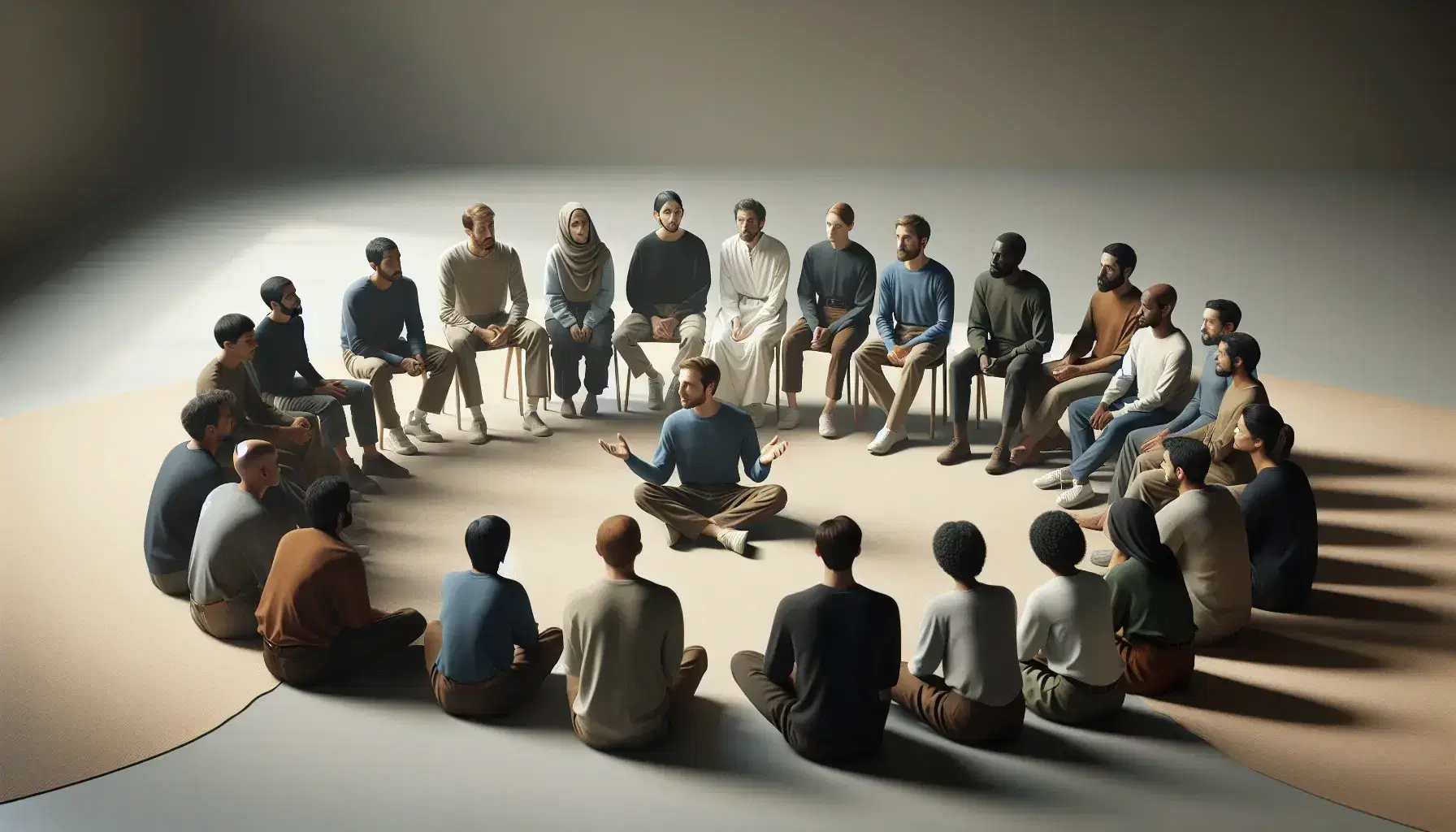 Multi-ethnic group sitting in a semicircle with a person in the center gesturing while speaking, in a neutral environment with soft lighting.