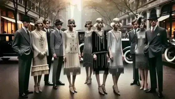 Gruppo elegante in stile anni '20 con donne in abiti frangiati e uomini in completi sartoriali su strada cittadina con auto d'epoca.