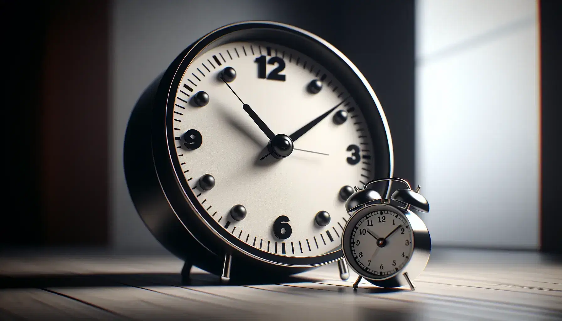 Round wall clock with white face, black frame, and hands indicating ten past ten, alongside a blurred small silver analog alarm clock with bells on top.