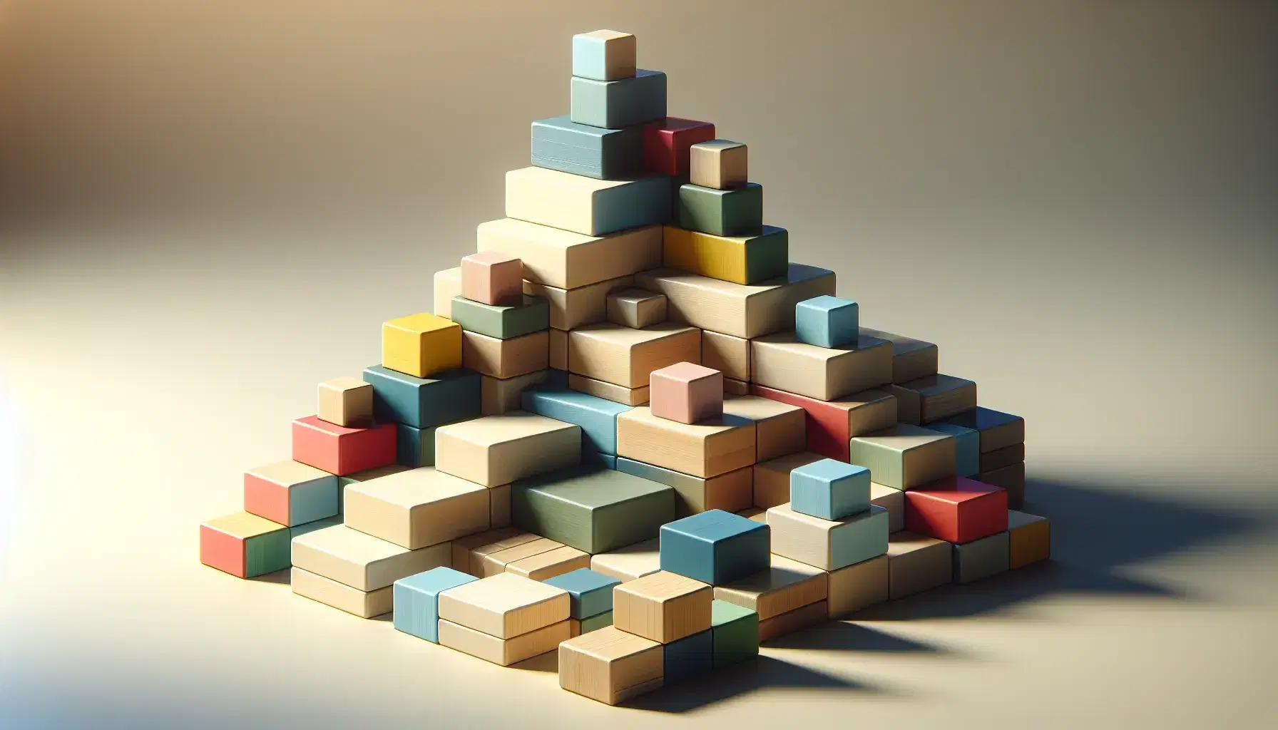 Bloques de madera en colores y tamaños variados formando una estructura tipo pirámide, con tonos sólidos en la base y pastel en la cima, sobre superficie neutra.