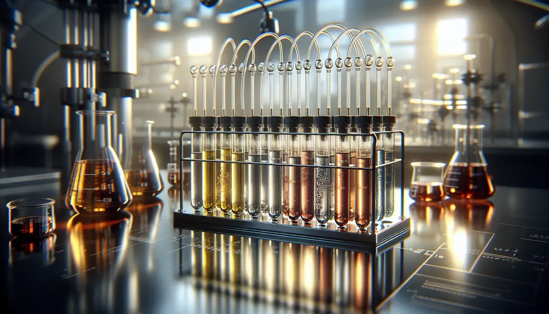 Serie di provette in vetro con tappi di gomma e tubi trasparenti su supporto metallico, contenenti liquidi colorati, in laboratorio sfocato.