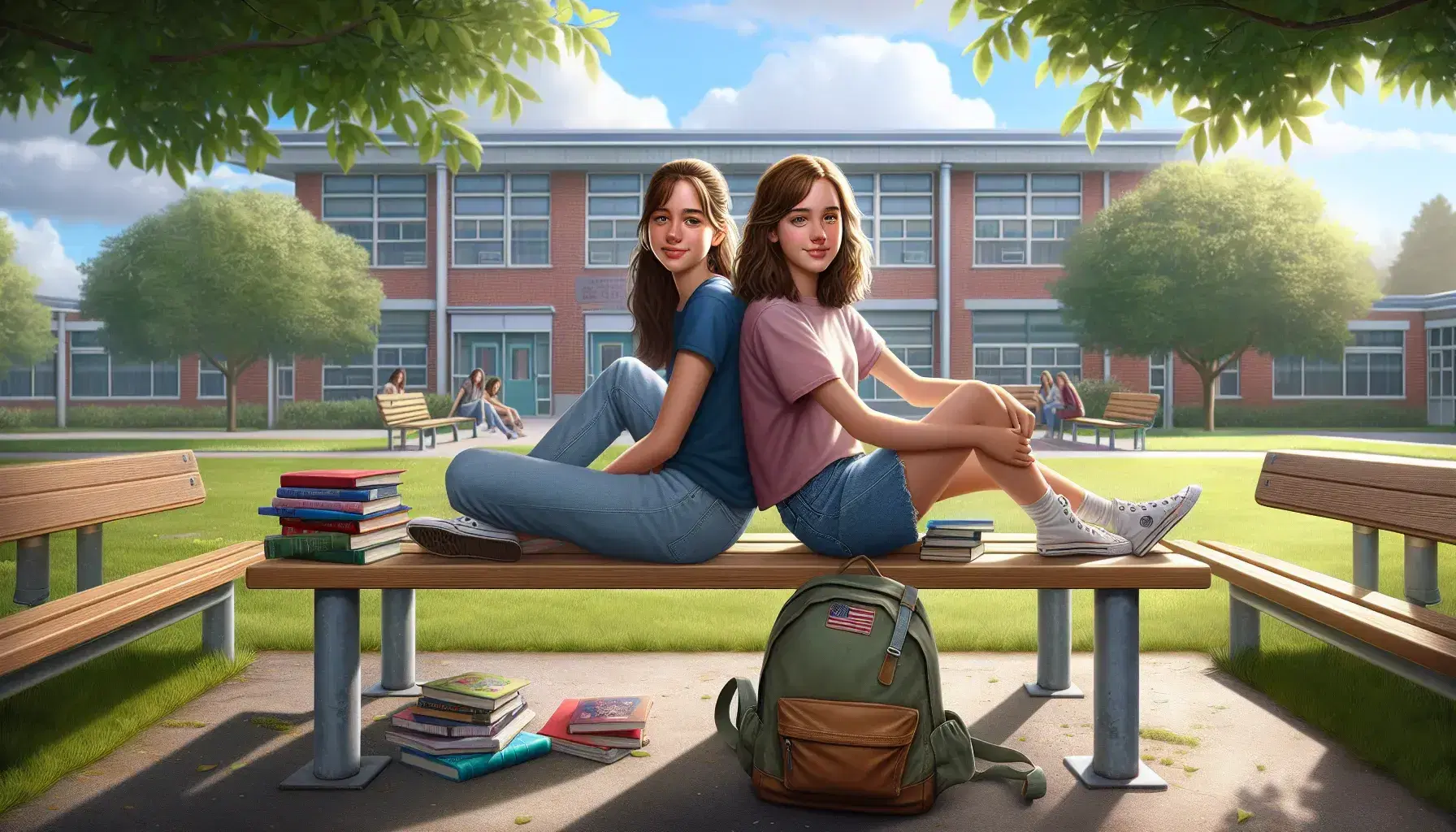 Due ragazze adolescenti sorridenti sedute su una panchina nel cortile scolastico, con zaino aperto e libri colorati tra loro.