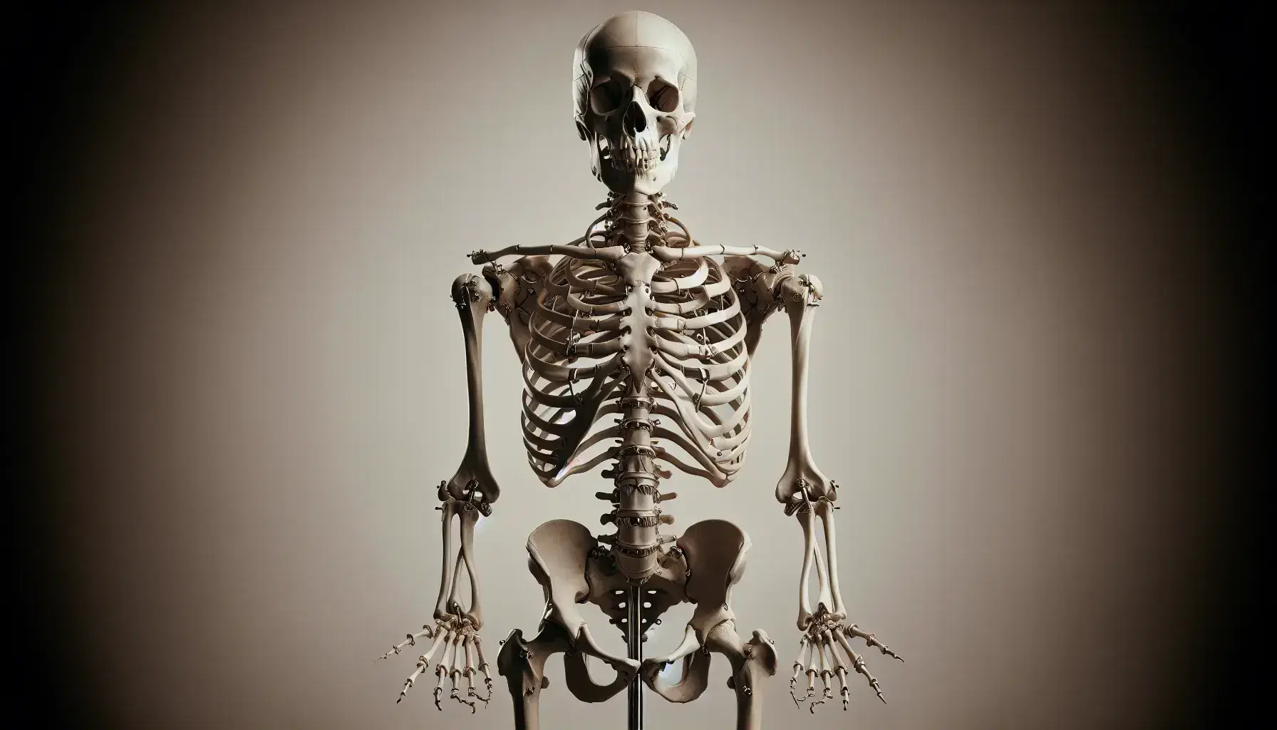 Esqueleto humano completo montado verticalmente en soporte metálico con fondo neutro, mostrando cráneo, columna, costillas, pelvis y extremidades.