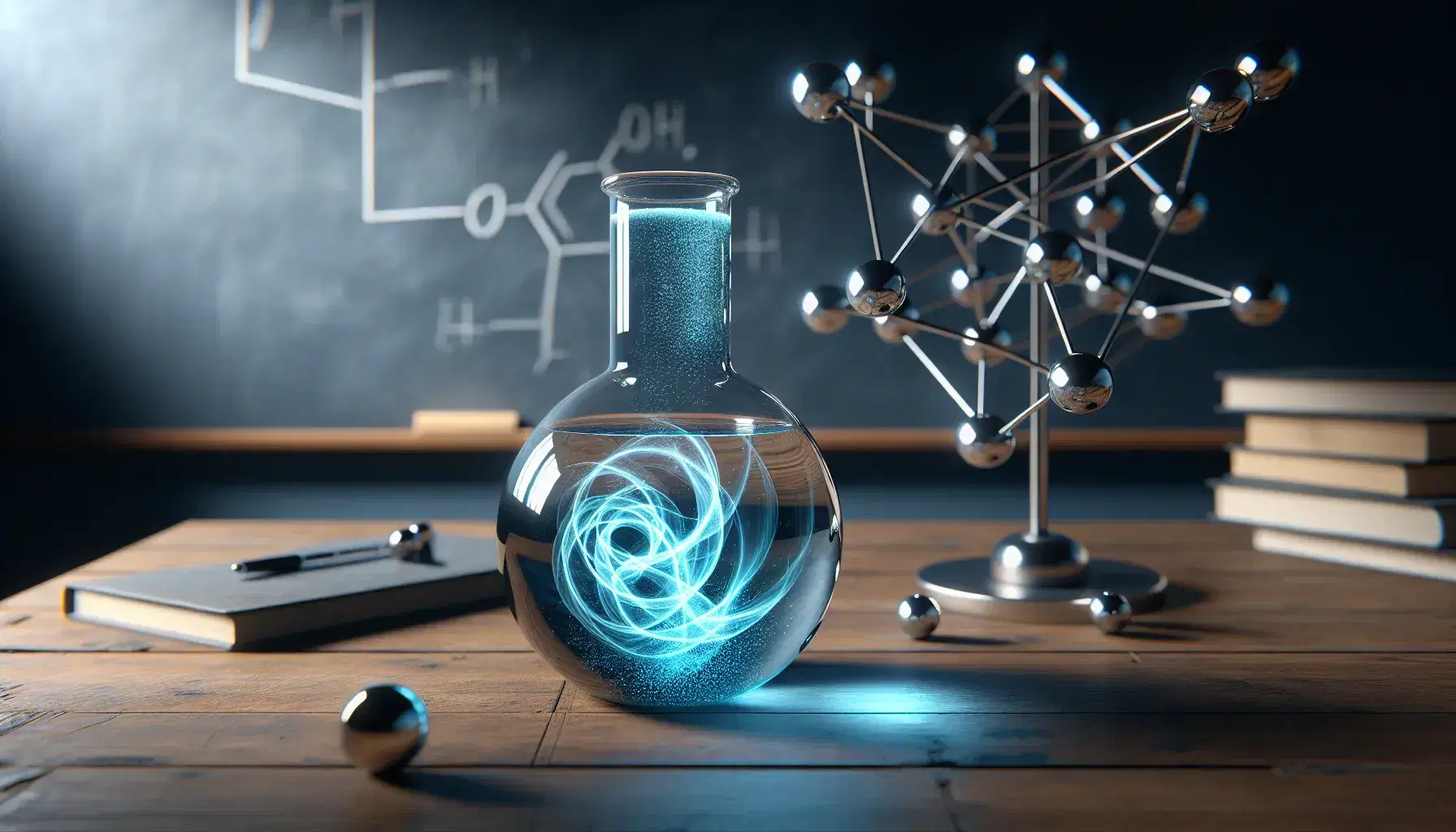 Luminescent blue liquid with suspended particles glows inside a clear flask on a wooden table, beside a reflective metal molecular model.
