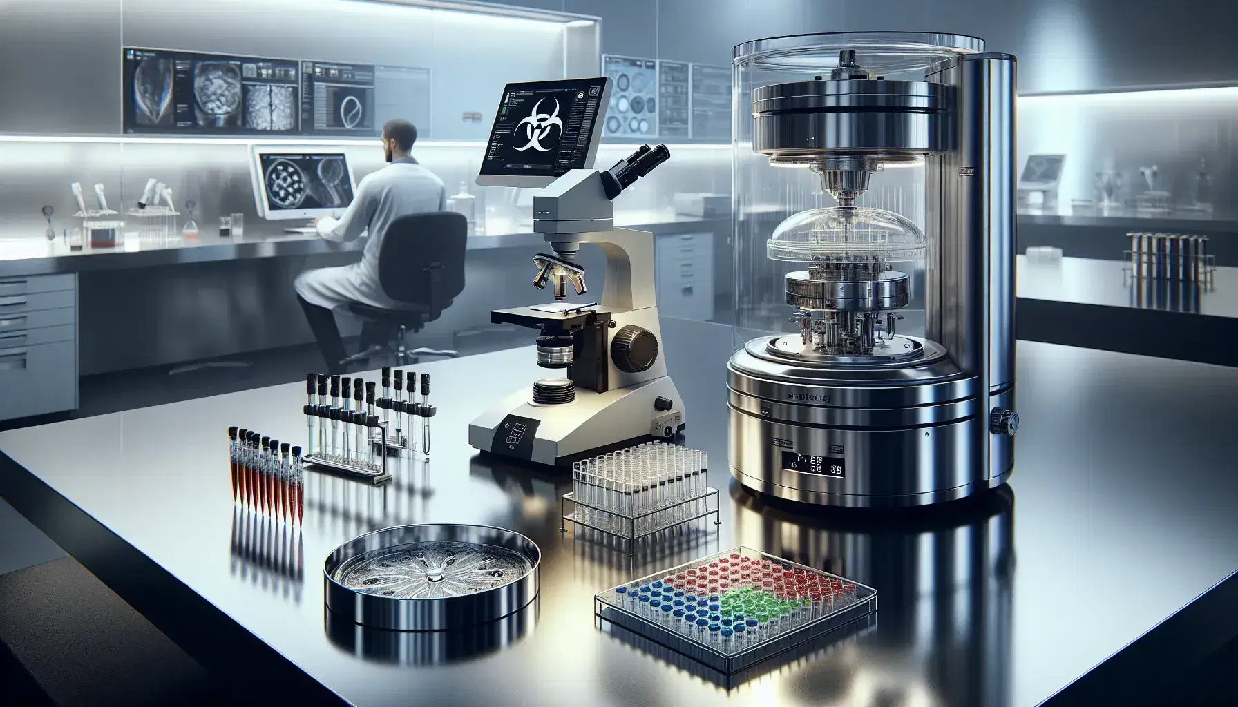 Modern laboratory with steel table, microscope, Petri dishes, pipettes, centrifuge and two researchers in white coats.
