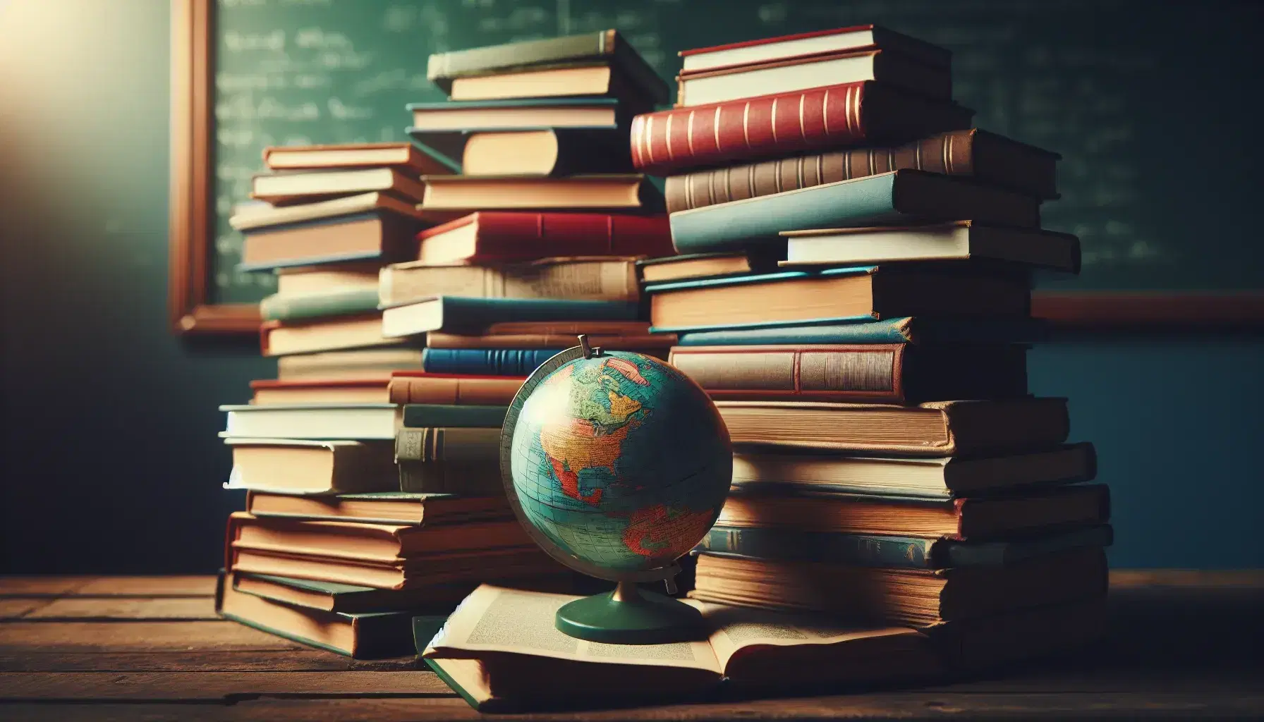 Pila di libri colorati disordinata con un mappamondo antico appoggiato davanti e lavagna sfocata sullo sfondo.
