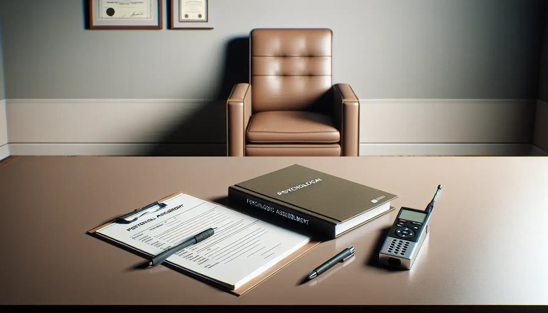 Clinical environment for forensic psychology assessments with desk, assessment tools, voice recorder and padded chair.