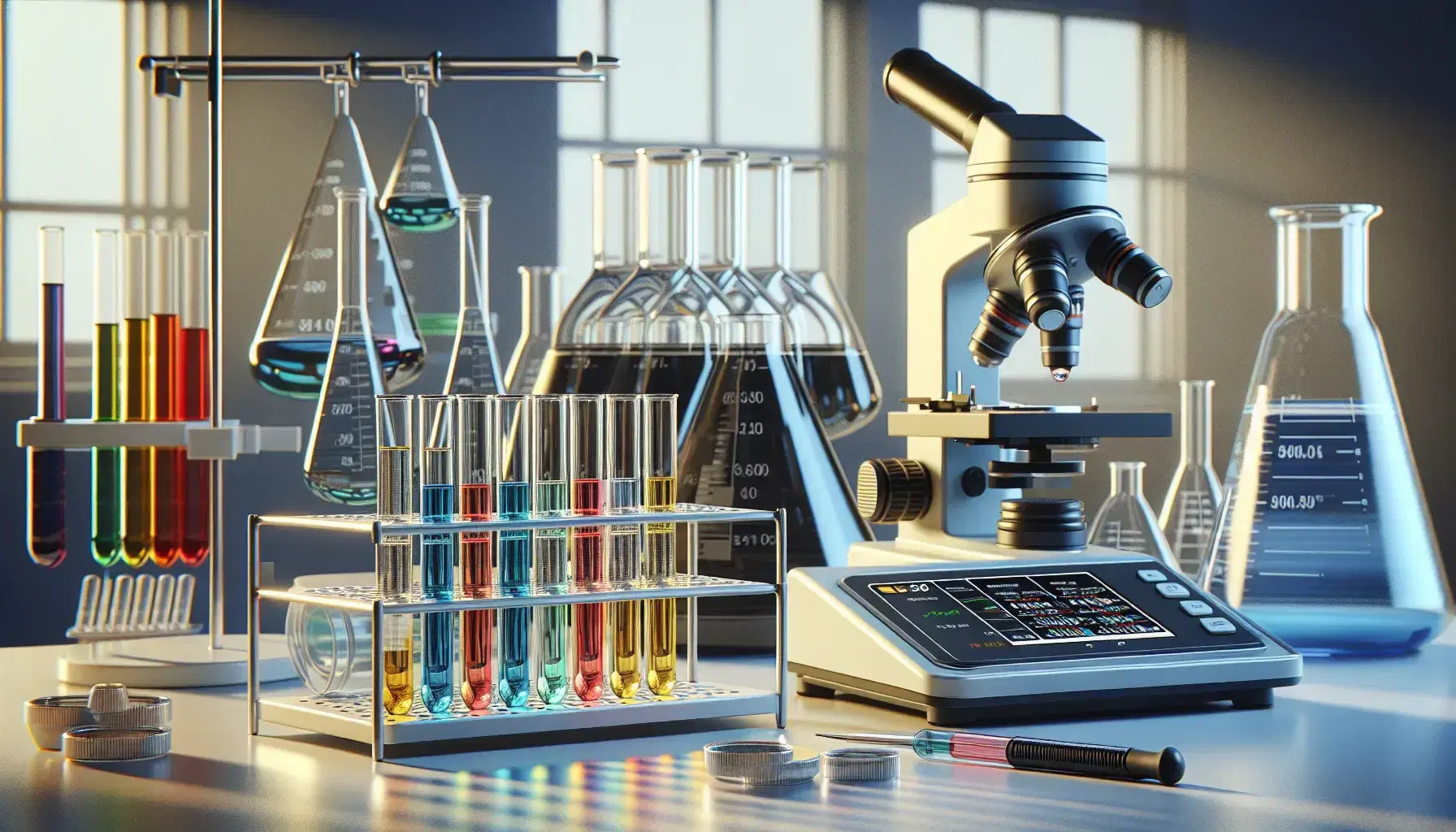 Laboratorio farmacéutico con tubos de ensayo de colores en soporte, microscopio metálico, pipeta extrayendo líquido rojo y balanza analítica digital apagada.