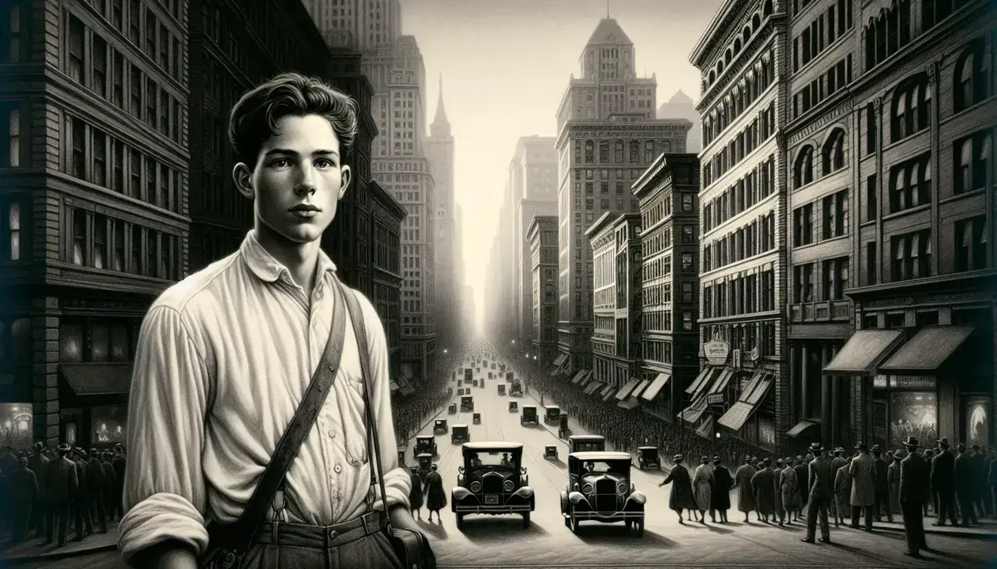 Young man with contemplative gaze stands at city street edge, dressed in white shirt and dark trousers, carrying a leather satchel, at dawn or dusk.