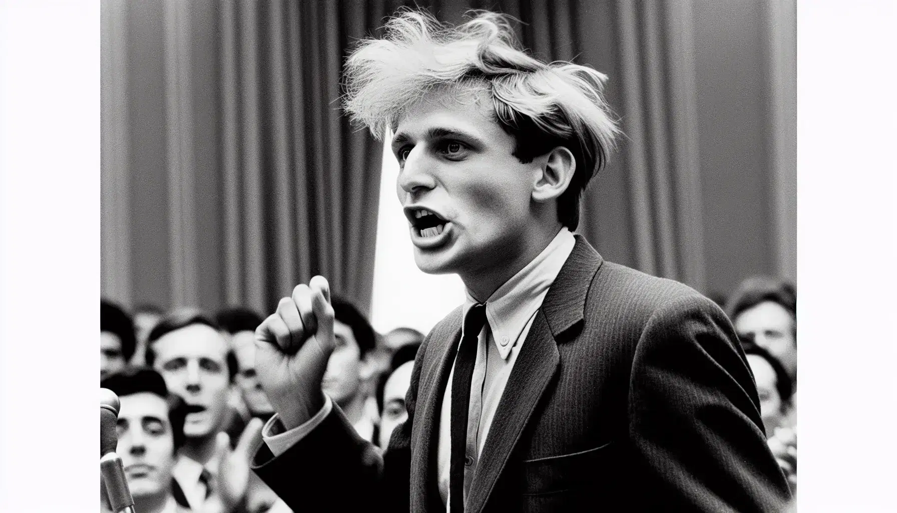 Notable public speaker with disheveled blonde hair, animatedly speaking in a dark suit, gesturing with right hand, crowd in soft focus behind.
