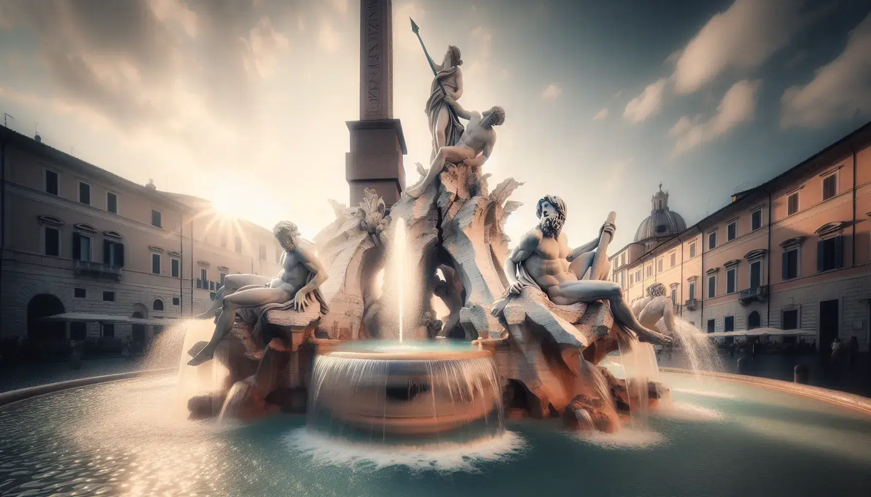 Fontana dei Quattro Fiumi in Piazza Navona, Roma, con sculture marmoree e obelisco centrale illuminati dalla luce mattutina.