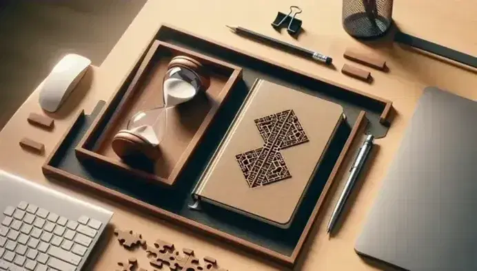 Top-down view of an organized desk with an open blank notebook, mechanical pencil, half-filled hourglass, and a partially completed wooden puzzle.