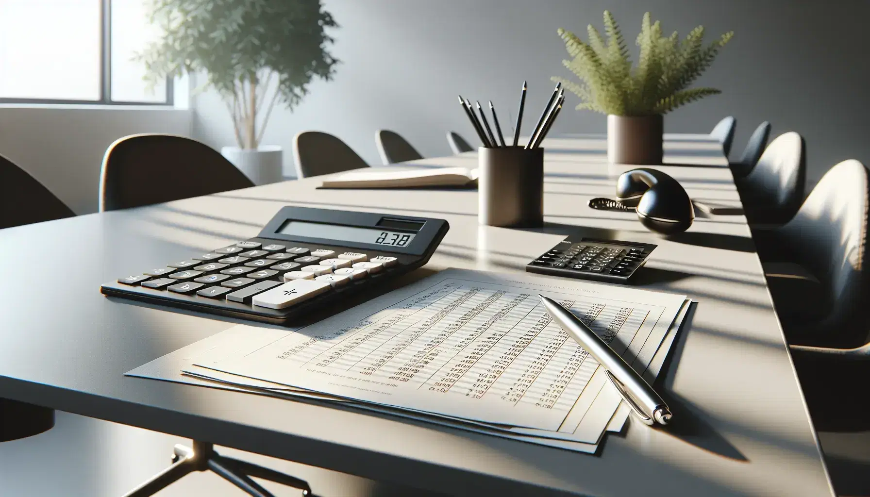 Oficina moderna con escritorio claro, calculadora negra, papeles con números, lápiz mecánico y teléfono de diseño, planta de interior al fondo.