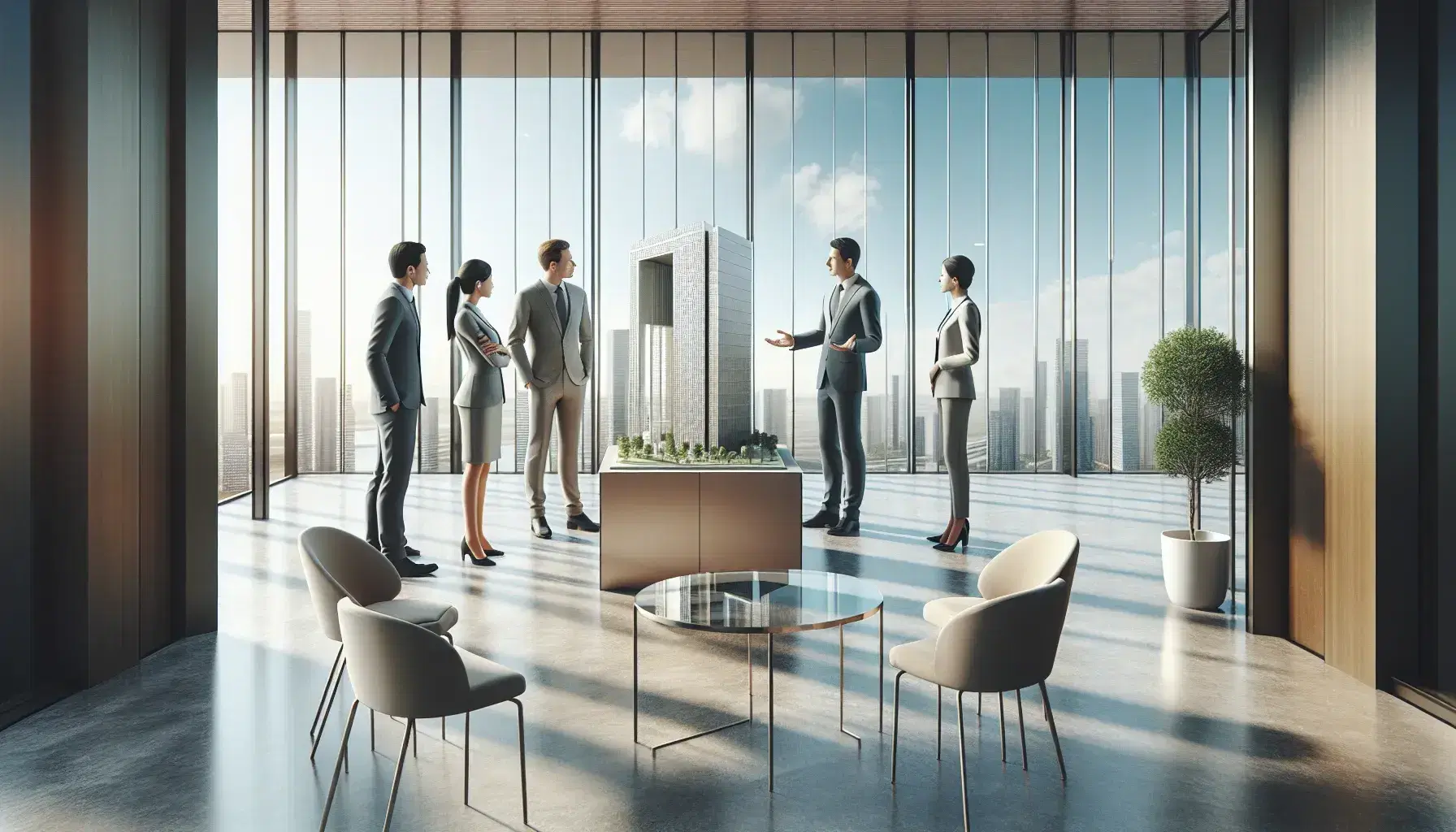 Grupo de cinco profesionales en vestimenta formal dialogando en el vestíbulo de un edificio moderno con ventanales, mobiliario elegante y una maqueta arquitectónica.