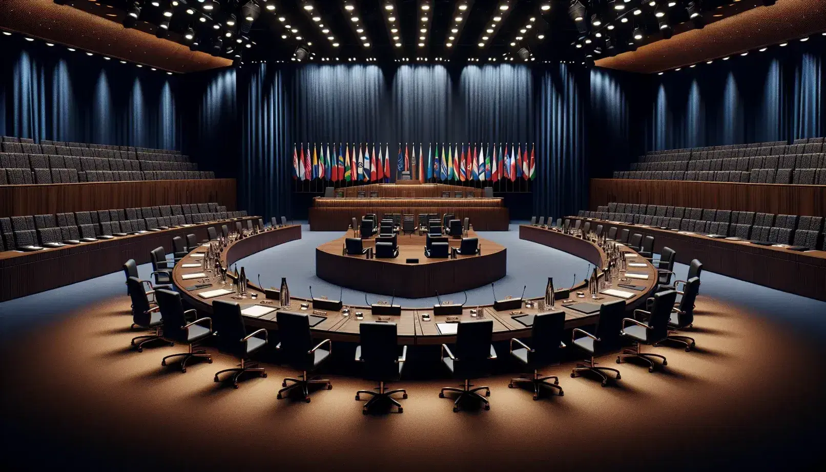 Sala de tribunal internacional vacía con mesas en forma de U, sillas negras, micrófonos, vasos de agua, plataforma elevada para jueces y banderas de países.
