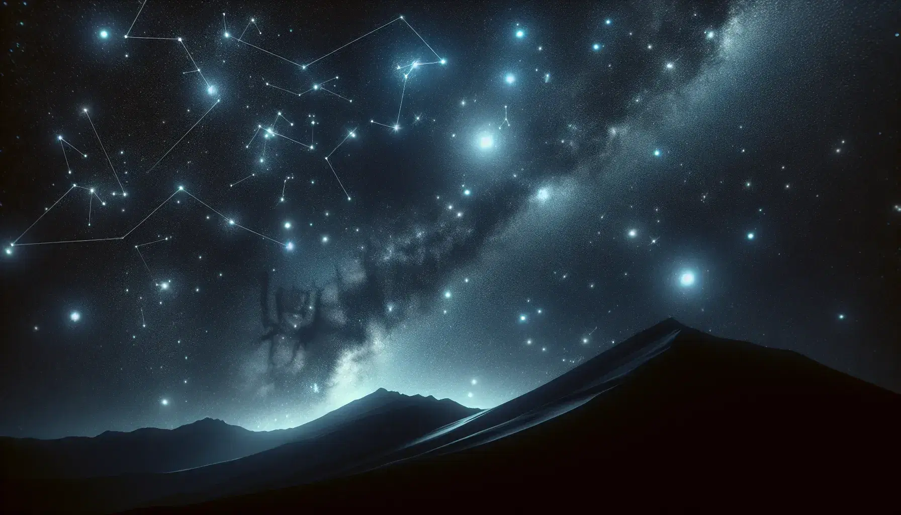 Cielo notturno stellato con Via Lattea e silhouette di montagna, senza luci artificiali, evoca tranquillità e meraviglia cosmica.