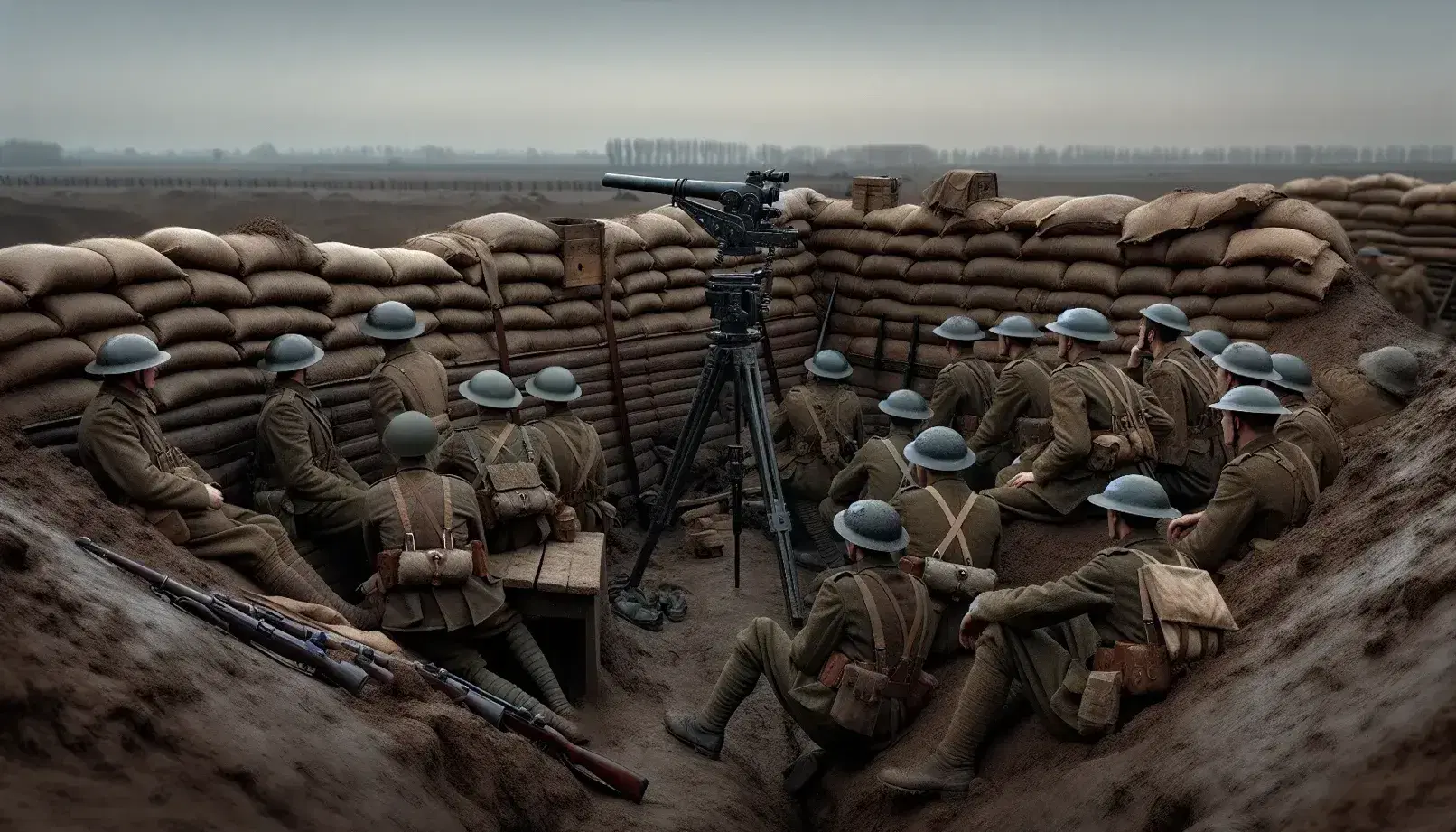 Soldati della Prima Guerra Mondiale in trincea con elmetti, osservano l'orizzonte con binocolo su treppiede, fucile e ulteriore elmetto a terra.
