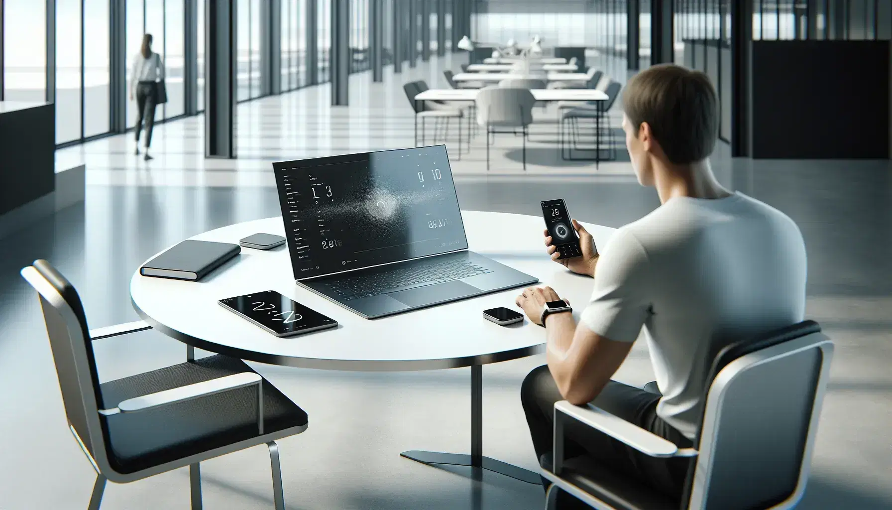 Oficina moderna con mesa redonda blanca y silla ergonómica, laptop abierto y smartphone en la mesa, y persona sentada trabajando con sensor portátil.