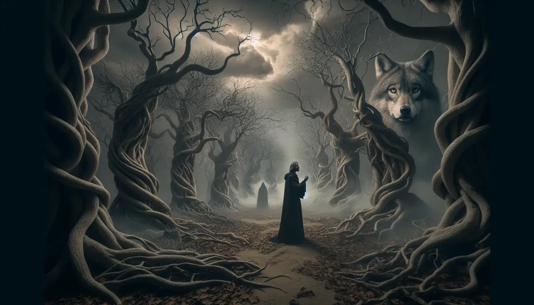 Scena nebbiosa e tenebrosa di una foresta con Dante Alighieri al centro, lupo grigio a sinistra e figura sfocata a destra.