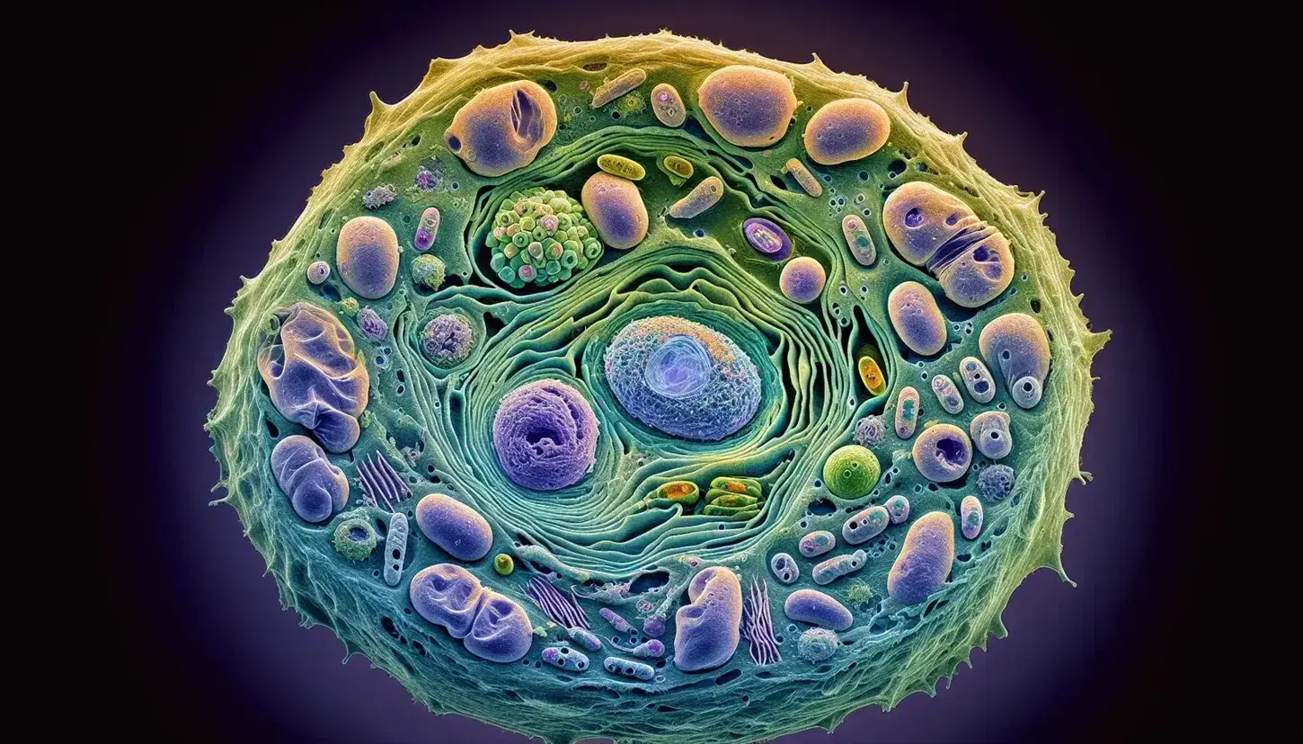 Micrografía electrónica a color de una célula con núcleo irregular azul-púrpura, cromatina, nucleolo, citoplasma verde claro, mitocondrias y vesículas esféricas.