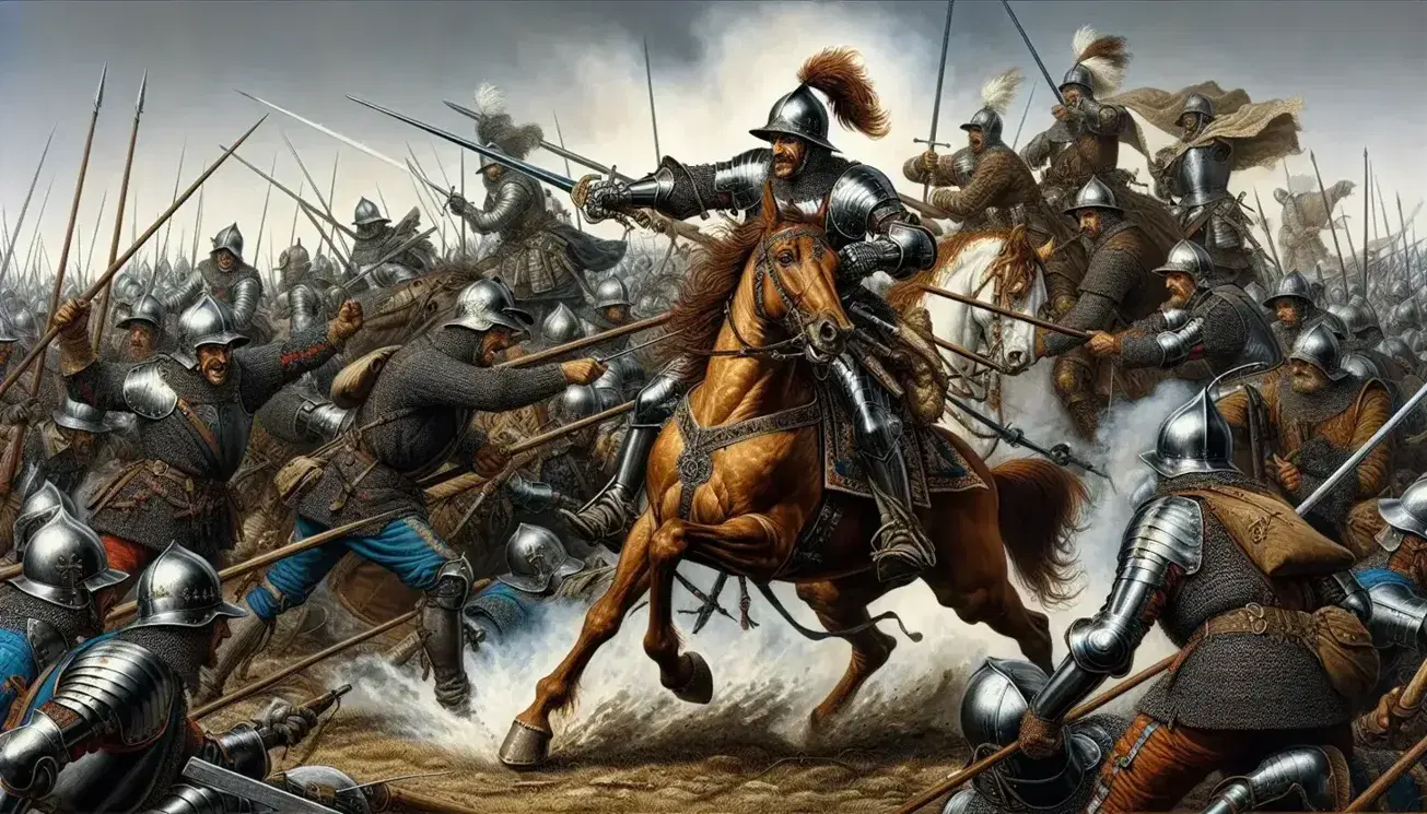 Dynamic European Wars of Religion battle scene with armored soldiers, cavalry charge, arquebusiers firing, and a Renaissance city backdrop.