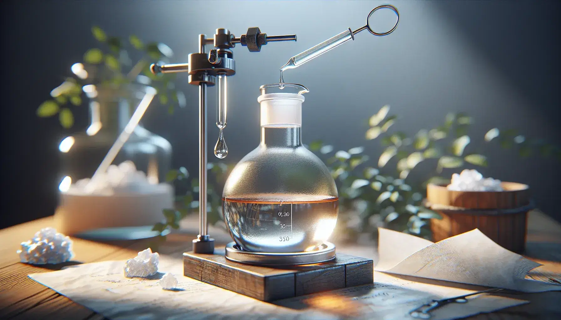 Glass flask on laboratory bench with amber liquid, dropper with pending drop and white crystalline substance on paper, natural blurred background.