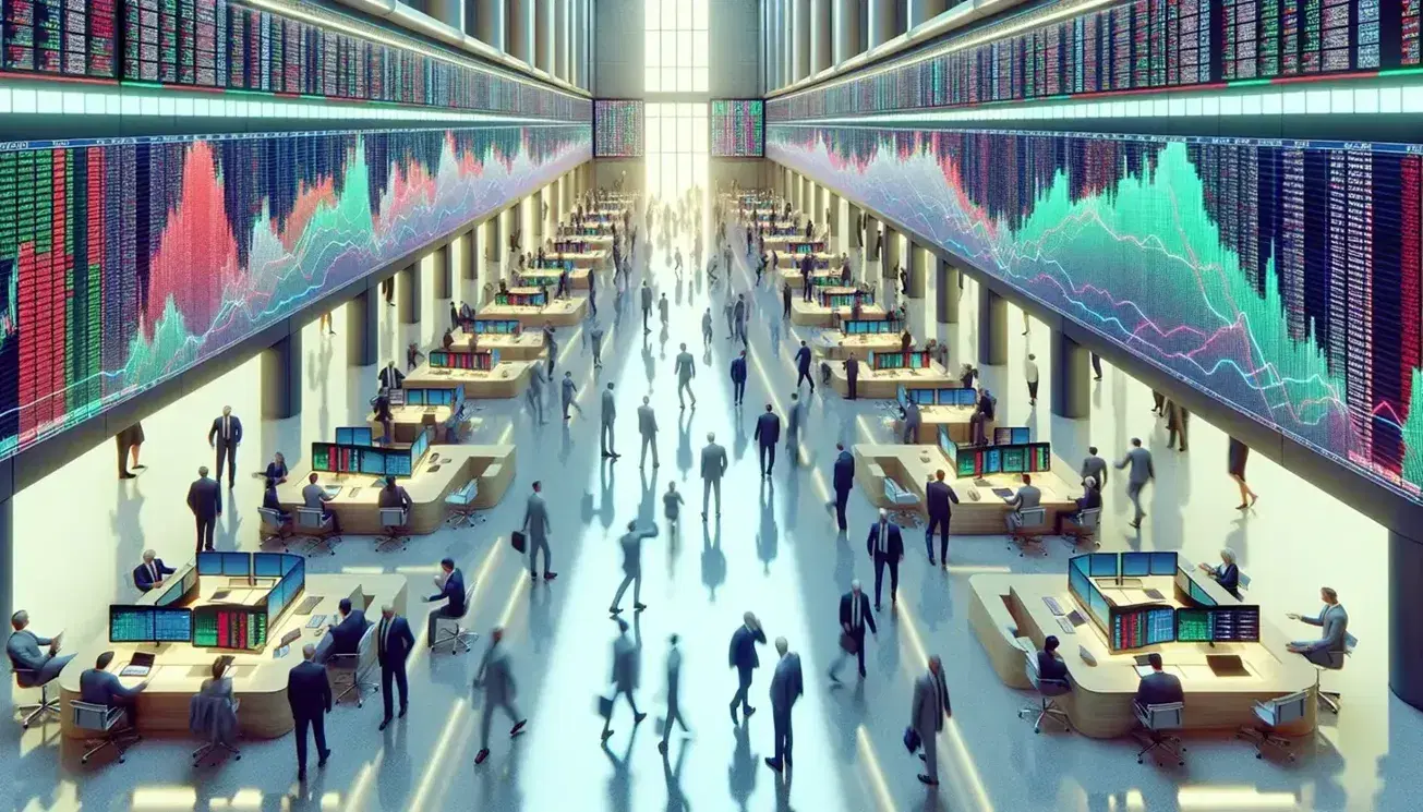 Scena dinamica di una borsa valori con persone in abiti formali, schermi con grafici e postazioni di lavoro illuminate naturalmente.