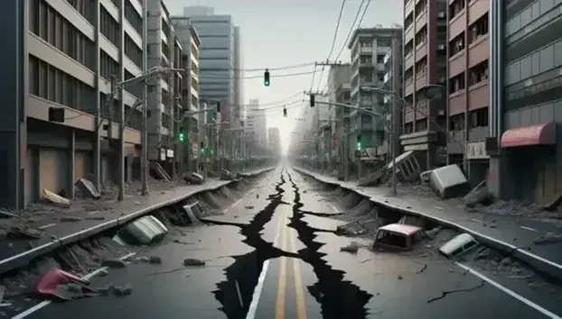 Paesaggio urbano post-terremoto con strada crepata, edifici danneggiati, semaforo pendente e auto rovesciate, sotto un cielo grigio.
