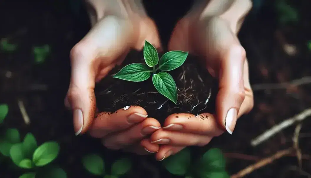 Manos adultas sosteniendo cuidadosamente un brote verde con hojas frescas y tierra en las raíces, en un fondo natural desenfocado.