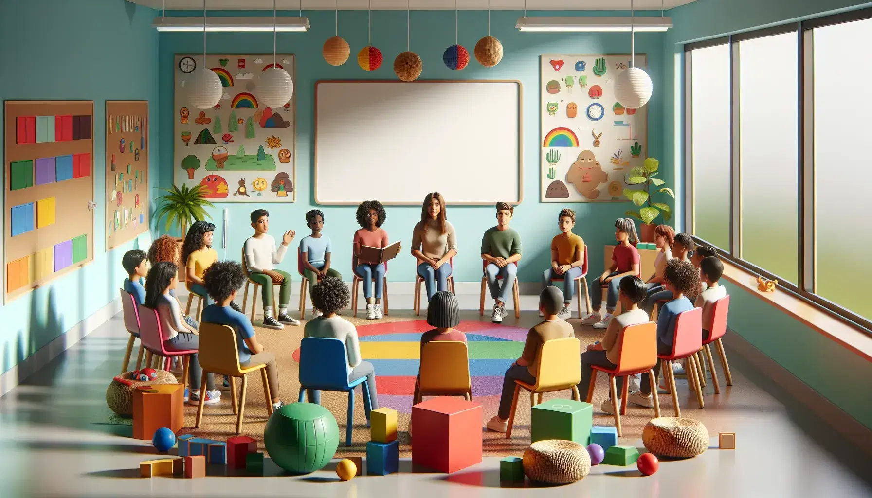 Aula colorata con studenti diversi seduti in cerchio, ascoltano un insegnante con libro aperto, circondati da giochi educativi e piante.