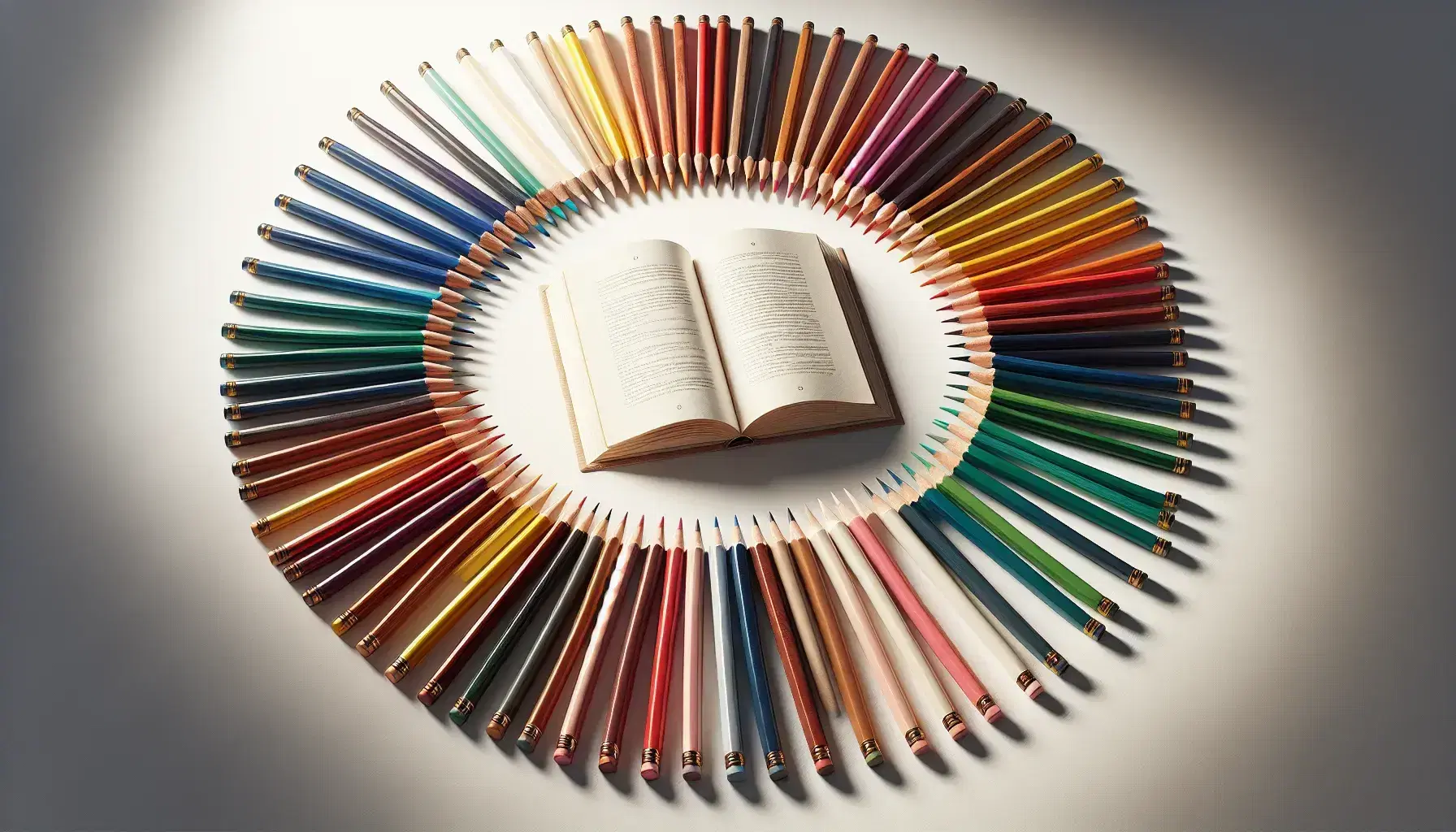 Matite colorate disposte a cerchio con punte verso un libro aperto al centro su sfondo bianco, copertina marrone e pagine bianche.