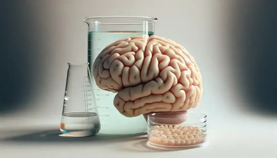 Detailed model of left cerebral hemisphere with sulci and gyri on light background, beaker with blue liquid and cultures in petri dish, blurred microscope on back.