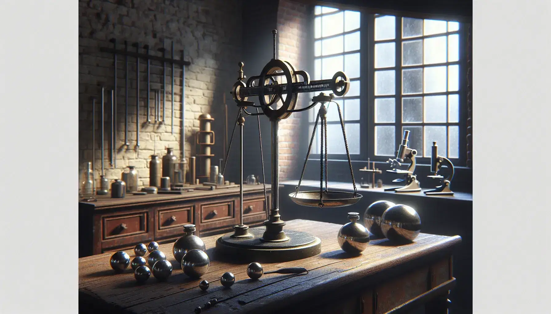 Laboratorio scientifico d'epoca con bilancia di torsione su tavolo in legno, pesi metallici e strumenti vintage sullo sfondo.