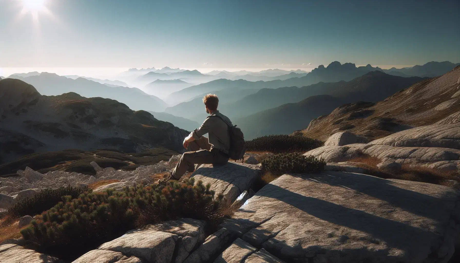Hombre sentado en roca de montaña contemplando horizonte con cielo azul y cadena montañosa en la distancia, rodeado de vegetación baja.