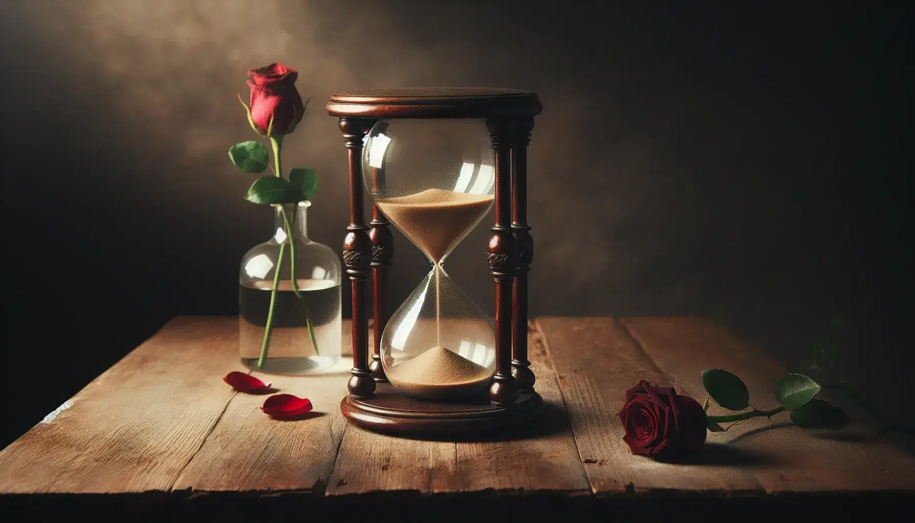 Antique hourglass with golden sand on a wooden table, near a wilting red rose in a glass vase, in a warmly lit, soft-focus setting.
