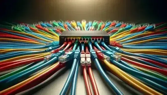 Cables de red de colores vivos conectados a un dispositivo central con luces LED indicadoras de actividad en un fondo neutro desenfocado.