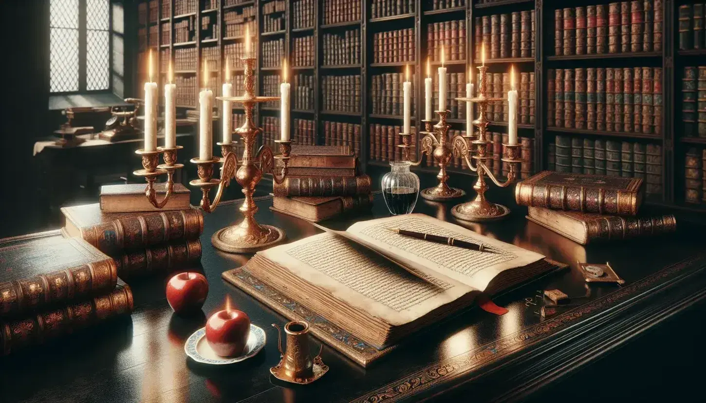 Biblioteca antica con tavolo in legno, libro aperto, calamaio con penna, candele accese e mela rossa su piatto.
