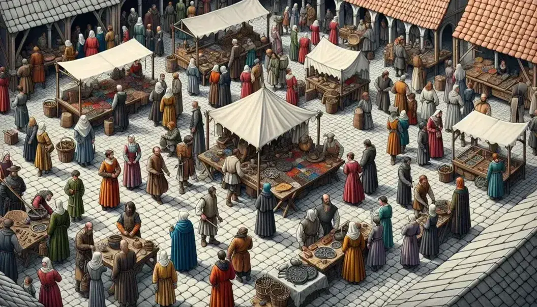 Scena di mercato medievale affollata con banchi di vendita, artigiani al lavoro, persone in abiti d'epoca e edifici storici sullo sfondo.