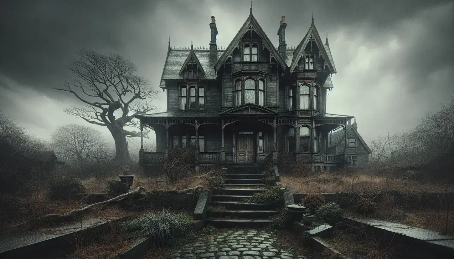 Victorian-style house with weathered wood, gabled roof, and overgrown garden under a dark sky, door ajar, beside a gnarled, leafless tree.